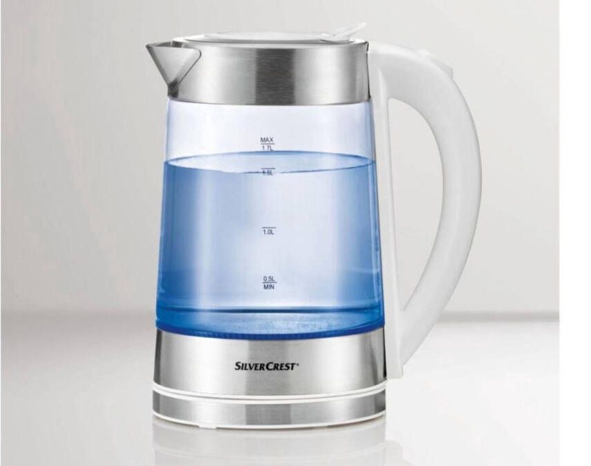 SILVERCREST Elektrische Waterkoker 3000W – 1 7L – Witte Glazen Waterkoker met LED-verlichting – Automatische Uitschakeling – 360° Draaivoet – Retro Design – BPA-vrij