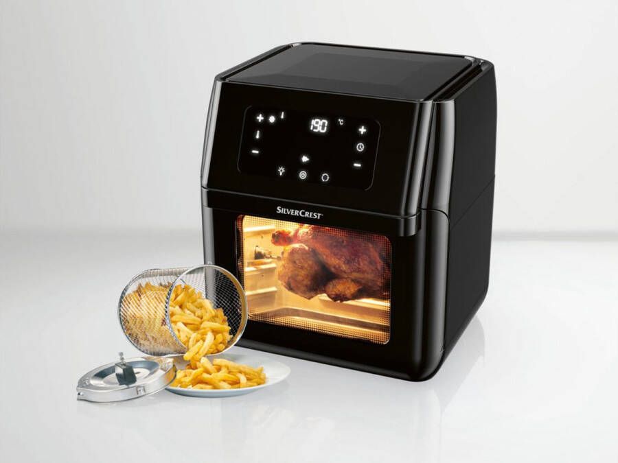 SILVERCREST Heteluchtfriteuse Grill en voedseldroger Vermogen: 1800 W Temperatuur: 40-200 °C Om te frituren zonder extra olie of vet Gemakkelijk te gebruiken dankzij het easy touch display 9 vooraf ingestelde programma's