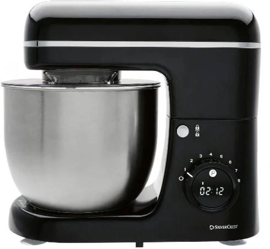 SILVERCREST KITCHEN TOOLS Keukenmachine Vermogen: 600 W Inhoud: 5 L Standen: 8 Traploze snelheidsregeling met turbofunctie Incl. spatbescherming deeghaak klopper en garde Deeghaak en garde met Teflon antiaanbaklaag Zwart