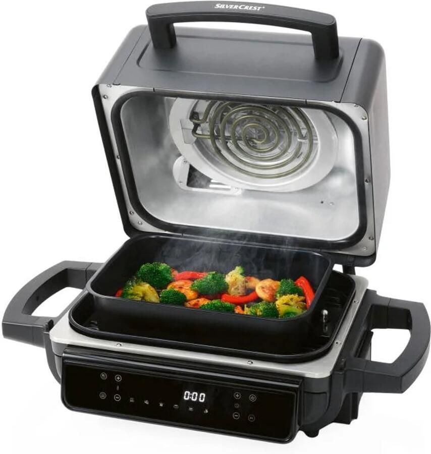 Silvercrest Kitchen Tools Heteluchtfriteuse met grill en rookfunctie Eenvoudige bediening via touch-display Inhoud: 3 8 L (voor ca. 1 kg frites) Temperatuur: 40-240 °C Met gesloten deksel als heteluchtfriteuse en met open deksel als grill
