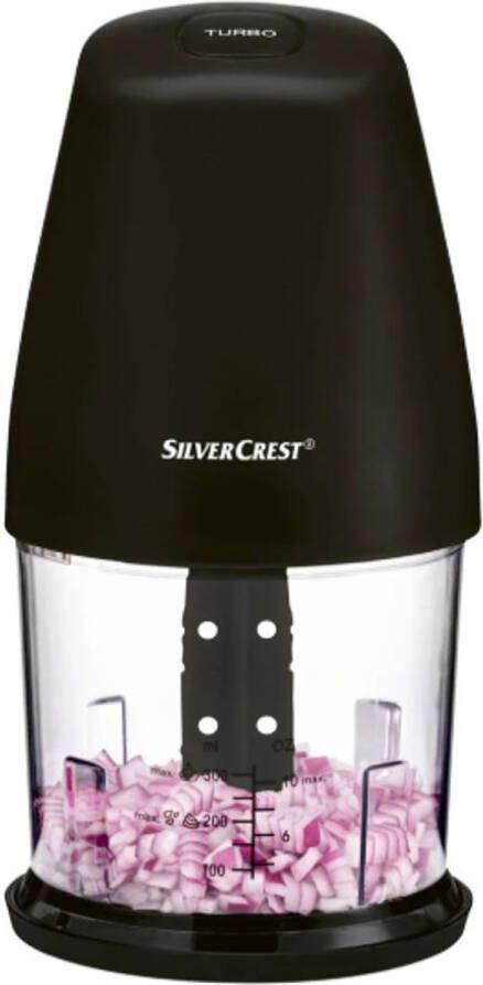 SILVERCREST Multihakker Chopper Geschikt voor het fijnhakken van o.a. groenten en kruiden en het crushen van ijs Vermogen: 260 W Inhoud reservoir: 300 ml Met turboknop voor extra vermogen Geschikt voor groenten kruiden uien noten etc