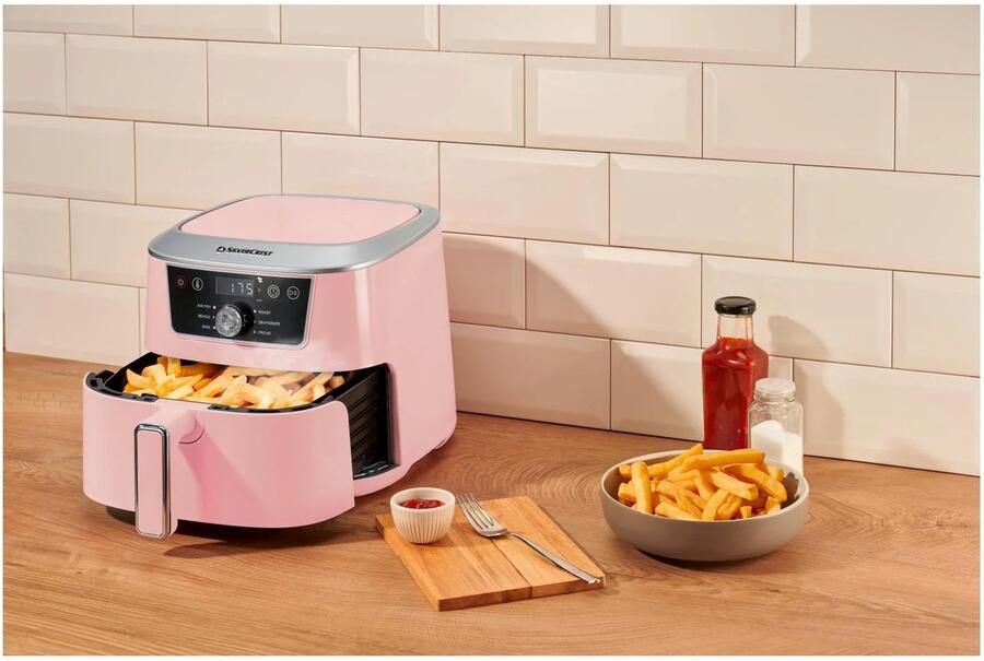 SILVERCREST Airfryer 4 7 L Pastelroze Vermogen: 2000 W Temperatuur: 40-200 °C Frituren zonder extra olie of vet Inclusief 6 vooraf ingestelde programma's Vaatwasmachinebestendige frituurmand en trivet