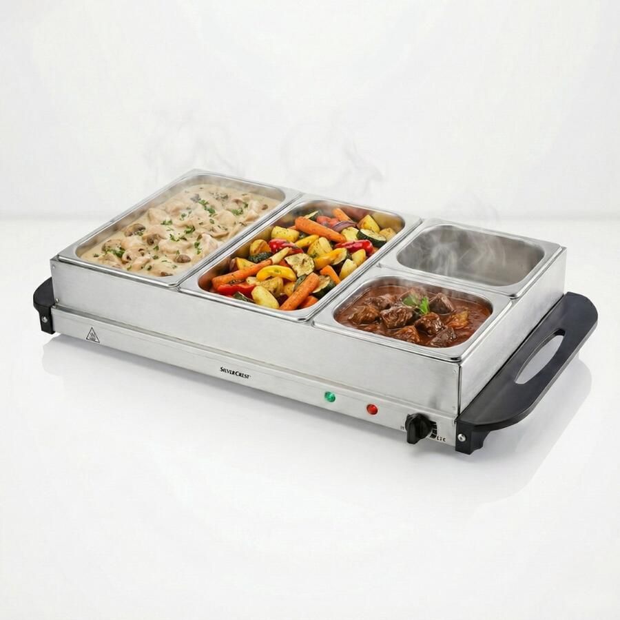SILVERCREST Buffetwarmer Warmhoudplaat Elektrisch – 4 RVS Warmhoudbakken – 300 W – Instelbare Temperatuur 45–85 °C – Voor Buffet & Bain-Marie Gebruik