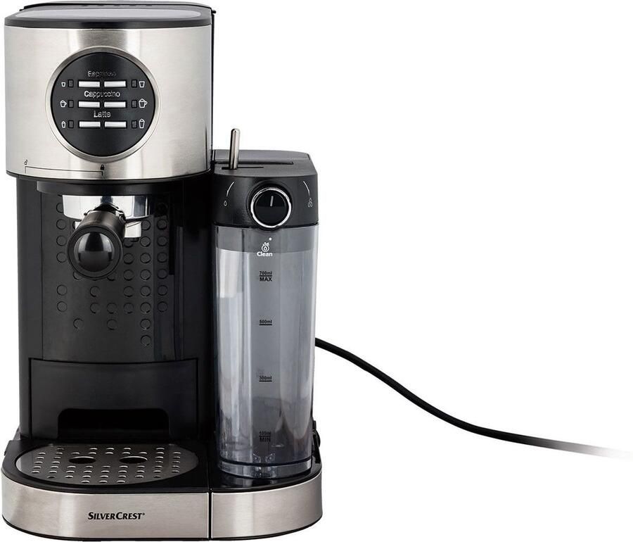 SILVERCREST Espressomachine Vermogen: 1470 W Waterreservoir: 1 2 L Melkreservoir: 0 7 L Melkopschuimsysteem en traditionele zeefhouder Geschikt voor 2 kopjes espresso cappuccino of latte macchiato Uittrekbaar plateau voor espressokopjes