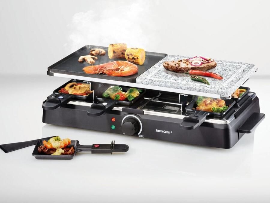 SILVERCREST Kitchen Tools Raclette grill 1300 watt Gourmetstel Grillen & Bakken 8 personen Steenplaat Gladde- geribbelde grillplaat