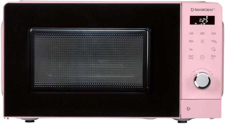 SILVERCREST Magnetron Roze Vermogen: 700 W Standen: 5 20L Draaiplateau: Ø25 5 cm Voor verwarmen koken en ontdooien In een trendy retro design Intuïtieve bediening met draaiknoppen