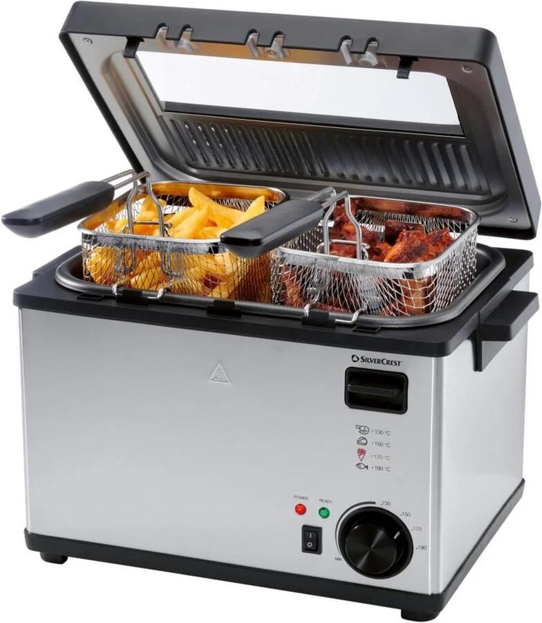 SILVERCREST RVS friteuse Frituurpan Vermogen: 2000 W Inhoud: max. 4 L Temperatuur: tot max. 190 °C Met 3 frituurmandjes Oliereservoir met antiaanbaklaag Afneembaar deksel met aluminium vetfilter