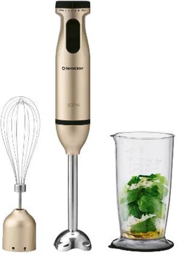 SILVERCREST Staafmixerset 600 W Snelheidsniveaus: traploos instelbaar Turbofunctie: voor krachtig pulseren 700 ml Maatbeker Set: staafmixer mixvoet garde maatbeker met deksel Inclusief 5 inspirerende receptideeën Champagnekleurig