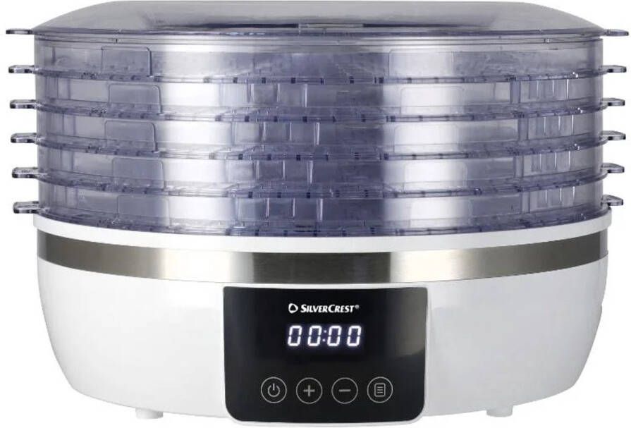 SILVERCREST Voedseldroger 370 W Ideaal voor het drogen van fruit groenten kruiden vlees vis en paddenstoelen 5 stapelbare bakken ook los te gebruiken Temperatuurinstelling: 40 70 °C
