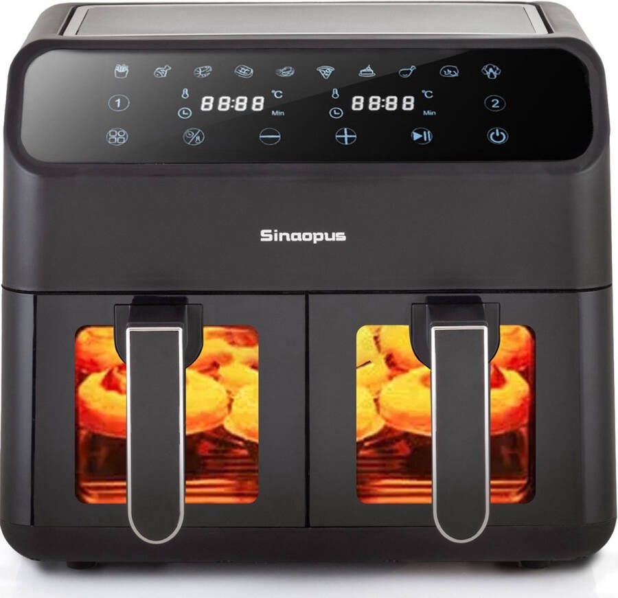 Sinaopus Digitale Airfryer XXL 8L 901 – Heteluchtfriteuse met Dubbele Mand en DualMand Onafhankelijke Snelle Opwarming – Voor Gezinnen – 10 Programma s – Kijkvenster – Makkelijk te Reinigen – Capaciteit voor 5 Personen