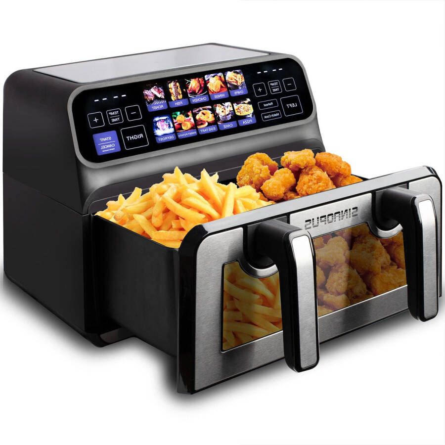 Sinaopus Digitale Airfryer XXL 10L 802 – Heteluchtfriteuse met Dubbele Mand en DualMand Onafhankelijke Snelle Opwarming – Voor Gezinnen – 10 Programma s – Kijkvenster – Makkelijk te Reinigen – Capaciteit voor 6 Personen