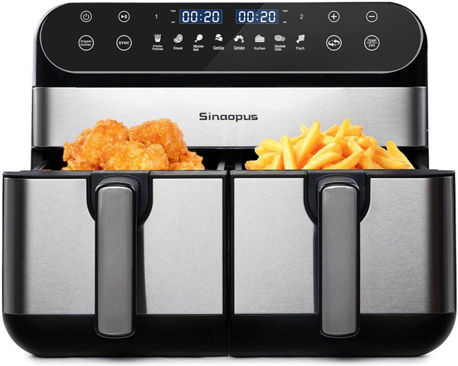 Sinaopus Digitale Airfryer XXL 10L 920 – Heteluchtfriteuse met Dubbele Mand en DualMand Onafhankelijke Snelle Opwarming – Voor Gezinnen – 8 Programma s – LED Touchscreen – Kijkvenster – Makkelijk te Reinigen – Capaciteit voor 7 Personen - Foto 2