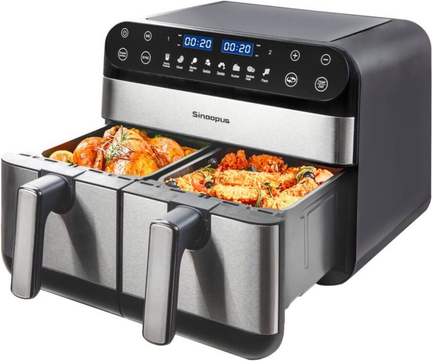 Sinaopus Digitale Airfryer XXL 10L 920 – Heteluchtfriteuse met Dubbele Mand en DualMand Onafhankelijke Snelle Opwarming – Voor Gezinnen – 8 Programma s – LED Touchscreen – Kijkvenster – Makkelijk te Reinigen – Capaciteit voor 7 Personen
