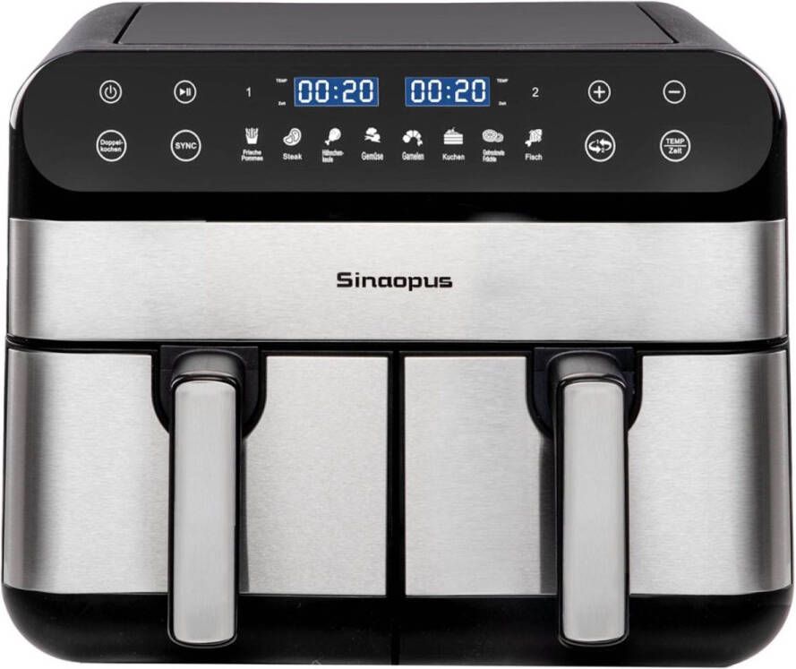 Sinaopus Digitale Airfryer XXL 11L 920 – Heteluchtfriteuse met Dubbele Mand en DualMand Onafhankelijke Snelle Opwarming – Voor Gezinnen – 8 Programma s – LED Touchscreen – Kijkvenster – Makkelijk te Reinigen – Capaciteit voor 10 Personen