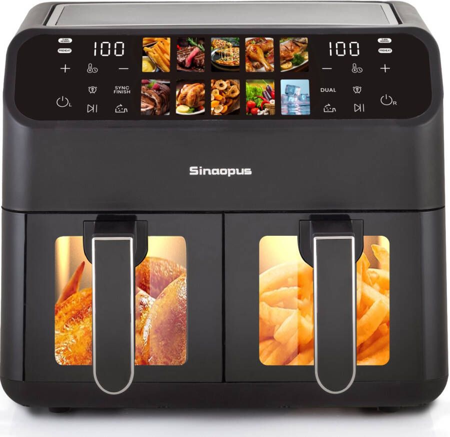 Sinaopus Digitale Airfryer XXL 9L 901 – Heteluchtfriteuse met Dubbele Mand en DualMand Onafhankelijke Snelle Opwarming – Voor Gezinnen – 10 Programma s – Kijkvenster – Makkelijk te Reinigen – Capaciteit voor 5 Personen