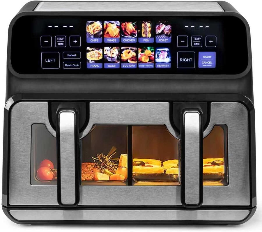 Sinaopus Digitale Airfryer 802 XXL 9L – Heteluchtfriteuse met Dubbele Mand en DualMand Onafhankelijke Snelle Opwarming – Voor Gezinnen – 10 Programma s – Kijkvenster – Makkelijk te Reinigen – Capaciteit voor 4 Personen