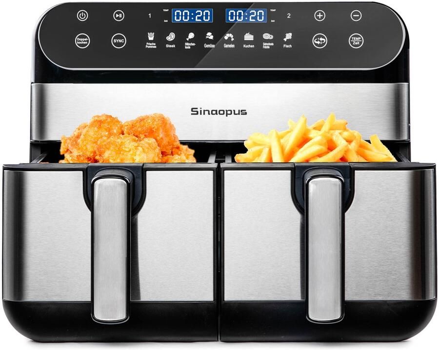 Sinaopus Digitale Airfryer XXL 10L 920 – Heteluchtfriteuse met Dubbele Mand en DualMand Onafhankelijke Snelle Opwarming – Voor Gezinnen – 8 Programma s – LED Touchscreen – Kijkvenster – Makkelijk te Reinigen – Capaciteit voor 7 Personen