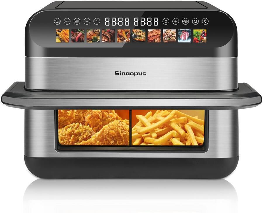 Sinaopus Digitale Airfryer XXL 10L Dubbele Mand met 2×5L 2400W 10 Programma s Smart Finish & Match Cook 80–200°C Instelbaar Onafhankelijke Bediening & Veilig Pauzesysteem Automatische Keerherinnering & Binnenverlichting