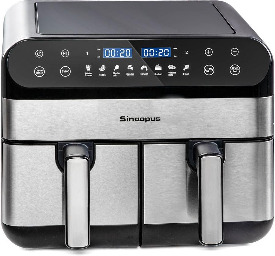 Sinaopus Digitale Airfryer XXL 11L 920 – Heteluchtfriteuse met Dubbele Mand en DualMand Onafhankelijke Snelle Opwarming – Voor Gezinnen – 8 Programma s – LED Touchscreen – Kijkvenster – Makkelijk te Reinigen – Capaciteit voor 7 Personen