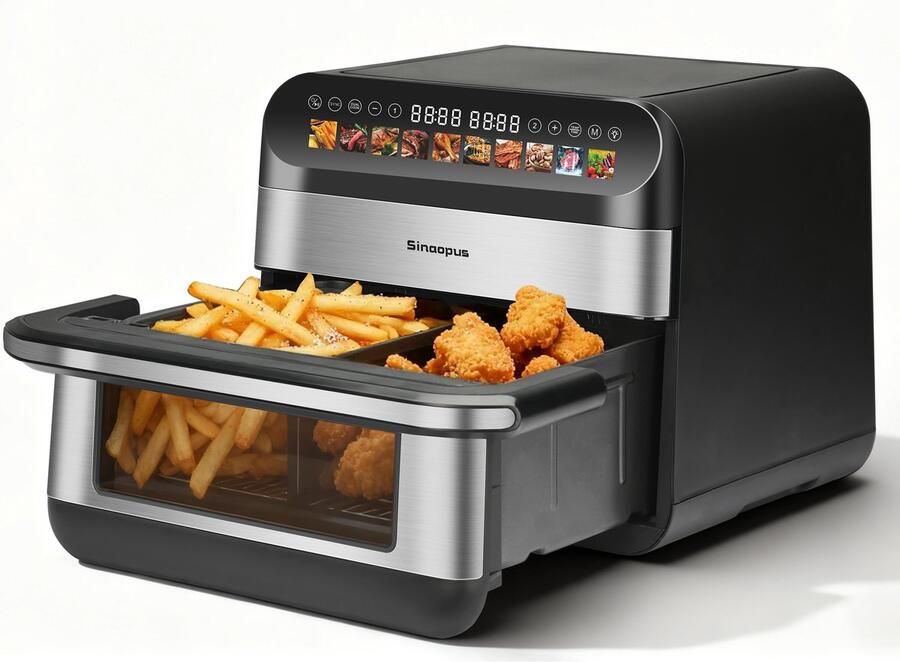 Sinaopus Digitale Airfryer XXL 12L Dubbele Mand met 2×5L 2400W 10 Programma s Smart Finish & Match Cook 80–200°C Instelbaar Onafhankelijke Bediening & Veilig Pauzesysteem Automatische Keerherinnering & Binnenverlichting - Foto 3