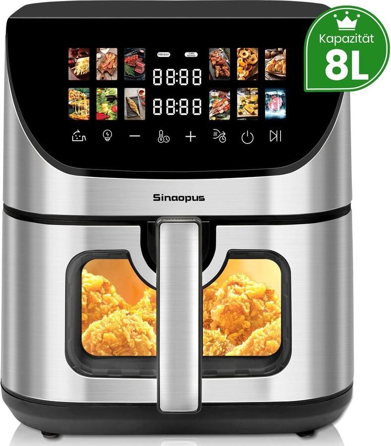 Sinaopus Digitale Airfryer XXL 8L 8005A -1800W Heteluchtfriteuse Kleurendisplay 12 Voorgeprogrammeerde Functies Slimme Tijd & Temperatuurregeling Capaciteit voor 5 Personen