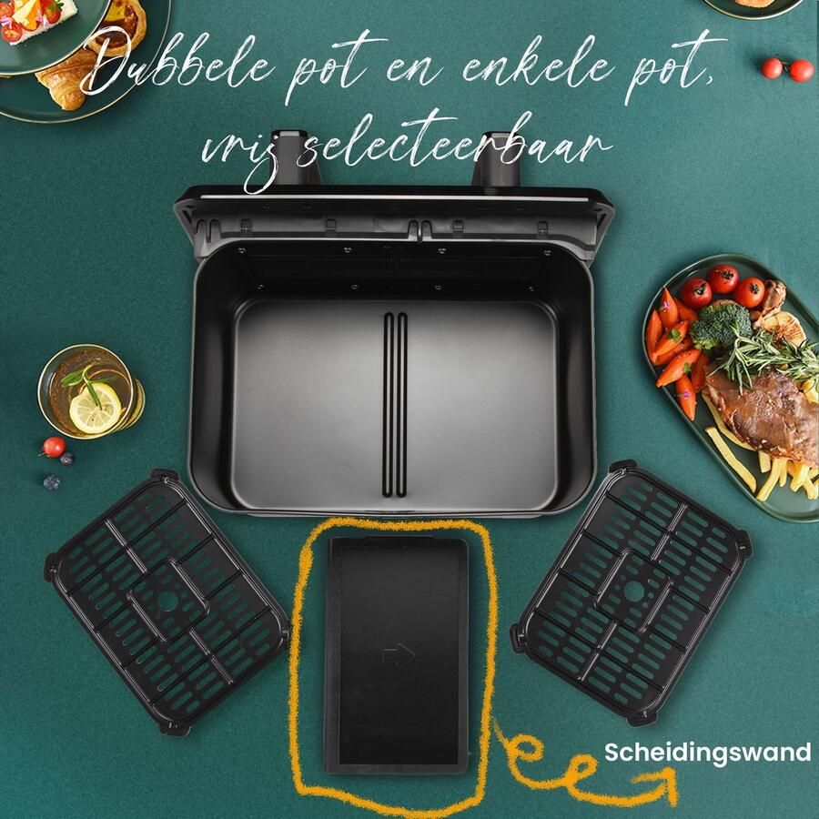 Sinaopus Digitale Airfryer XXL 9L 802 – Heteluchtfriteuse met Dubbele Mand en DualMand Onafhankelijke Snelle Opwarming – Voor Gezinnen – 10 Programma s – Kijkvenster – Makkelijk te Reinigen – Capaciteit voor 4 Personen