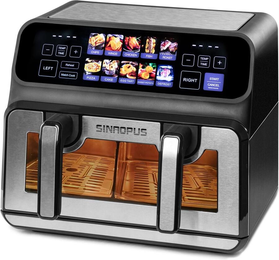 Sinaopus Digitale Airfryer XXL 9L 802 – Heteluchtfriteuse met Dubbele Mand en DualMand Onafhankelijke Snelle Opwarming – Voor Gezinnen – 10 Programma s – Kijkvenster – Makkelijk te Reinigen – Capaciteit voor 4 Personen - Foto 2
