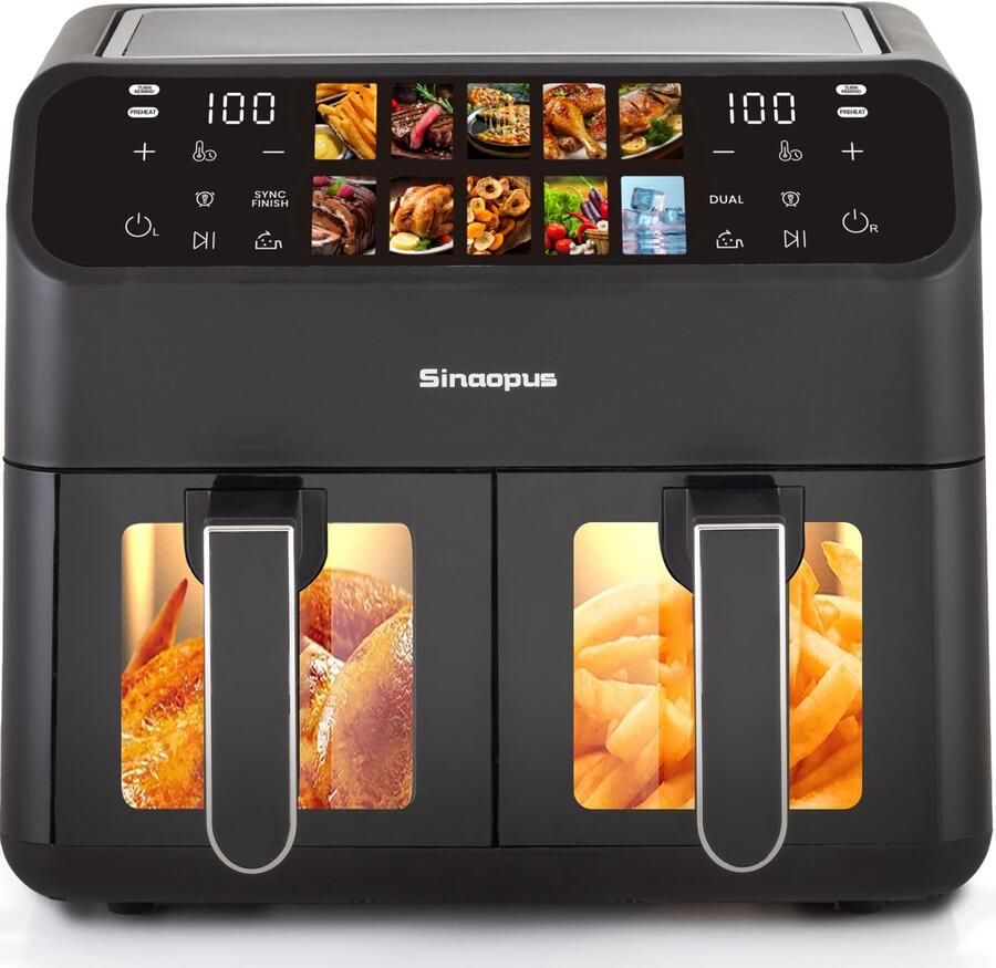 Sinaopus Dubbele Airfryer XXL 9L 901A- Digitale Airfryer 2×4.5L 2000W 10 Programma s Smart Finish & Match Cook 80–200°C Instelbaar Makkelijk te Reinigen – Capaciteit voor 5 Personen
