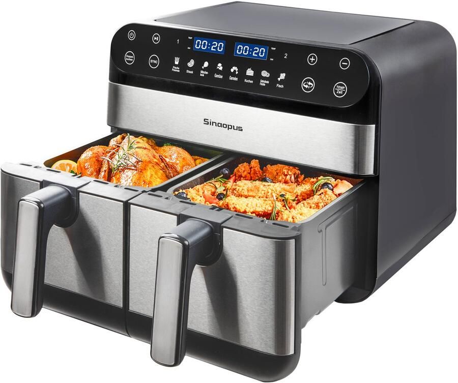 Sinaopus Digitale Airfryer XXL 9L 920 – Heteluchtfriteuse met Dubbele Mand en DualMand Onafhankelijke Snelle Opwarming – Voor Gezinnen – 8 Programma s – LED Touchscreen – Kijkvenster – Makkelijk te Reinigen – Capaciteit voor 7 Personen