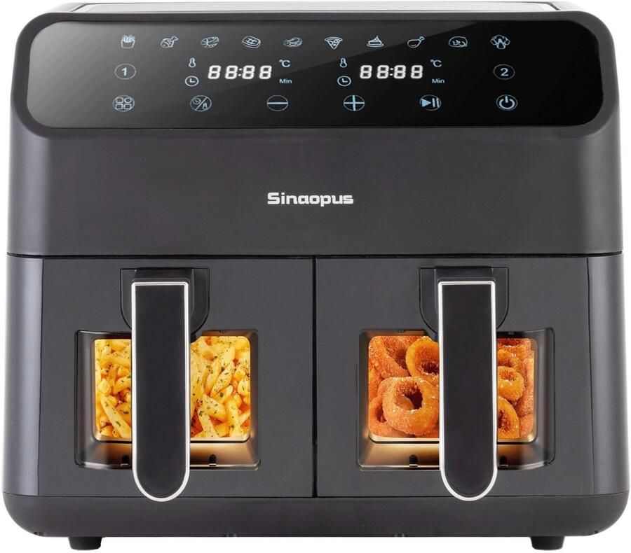 Sinaopus Dubbele Airfryer 901A XXL 10L Digitale Airfryer 2×5L 2000W 10 Programma s Smart Finish & Match Cook 80–200°C Instelbaar Makkelijk te Reinigen – Capaciteit voor 5 Personen