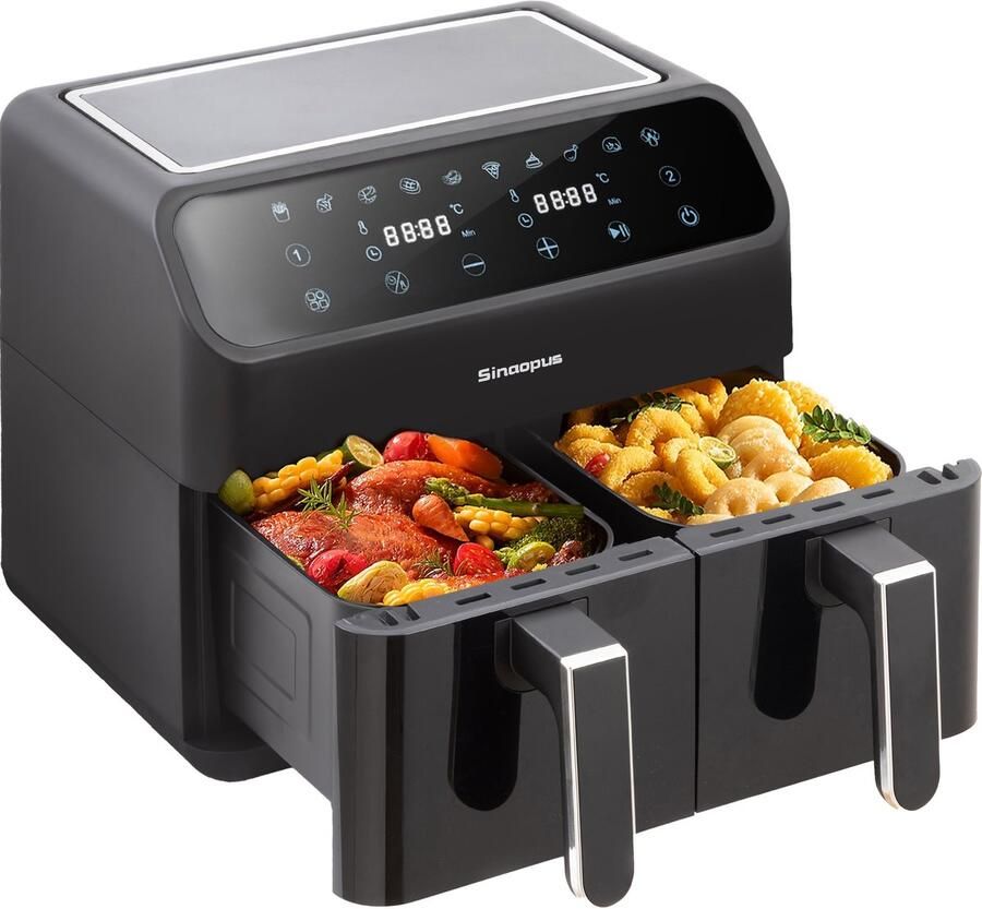 Sinaopus Dubbele Airfryer XXL 9L 901A- Digitale Airfryer 2×4.5L 2000W 10 Programma s Smart Finish & Match Cook 80–200°C Instelbaar Makkelijk te Reinigen – Capaciteit voor 5 Personen