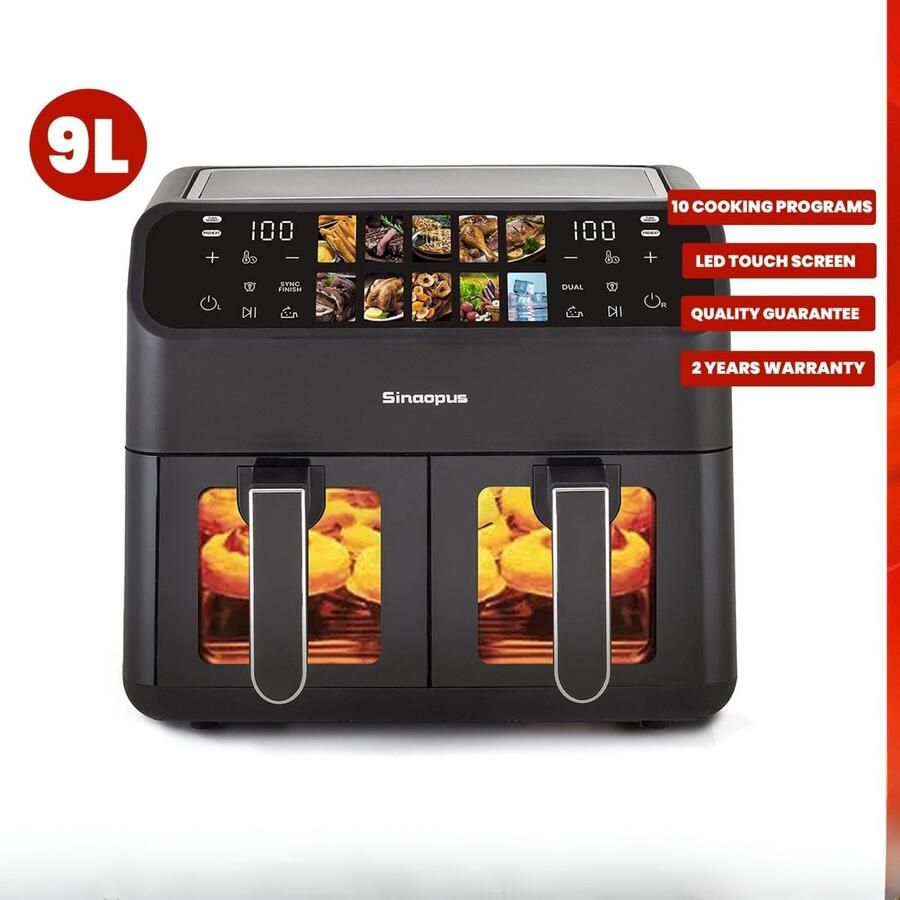 Norvia Dubbele airfryer XXL 9L 2000 W 2 manden 10 vooraf ingestelde kookprogramma's Helder kijkraam 200°C