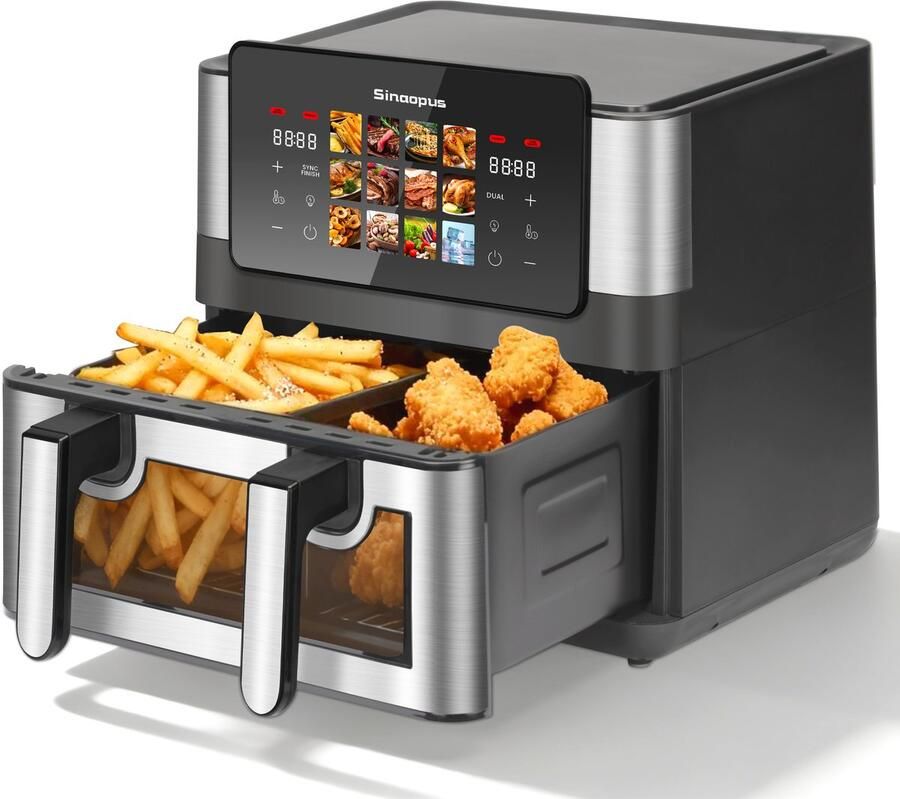 Sinaopus XXL Airfryer 8.5L 905A – Met Dubbele Mand – 12 Kookprogramma s – Onafhankelijke Snelle Opwarming – Geschikt voor Gezinnen – Kijkvenster – Eenvoudig te Reinigen – Capaciteit voor 4 tot 5 Personen