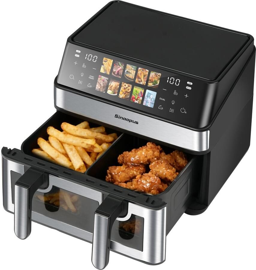 Sinaopus XXL Airfryer 8.5L – Met Dubbele Mand – 10 Kookprogramma s – Onafhankelijke Snelle Opwarming – Geschikt voor Gezinnen – Kijkvenster – Eenvoudig te Reinigen – Capaciteit voor 4 tot 5 Personen