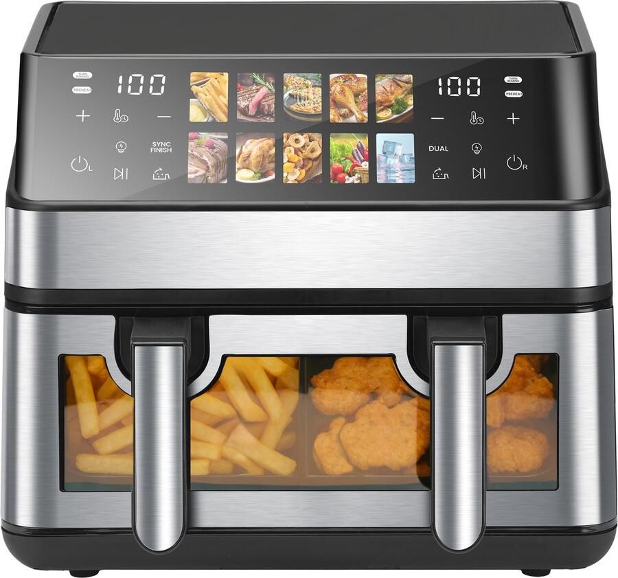 Sinaopus XXL Airfryer 8.5L – Met Dubbele Mand – Kijkvenster – 10 Kookprogramma s – Onafhankelijke Snelle Opwarming – Geschikt voor Gezinnen – Eenvoudig te Reinigen – Capaciteit voor 4 tot 5 Personen