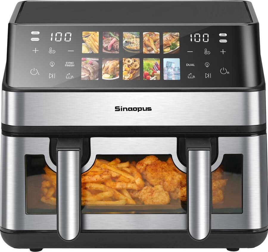 Sinaopus XXL Airfryer 8L – Kijkvenster – Met Dubbele Mand – 10 Kookprogramma s – Onafhankelijke Snelle Opwarming – Geschikt voor Gezinnen – Eenvoudig te Reinigen – Capaciteit voor 4 tot 5 Personen