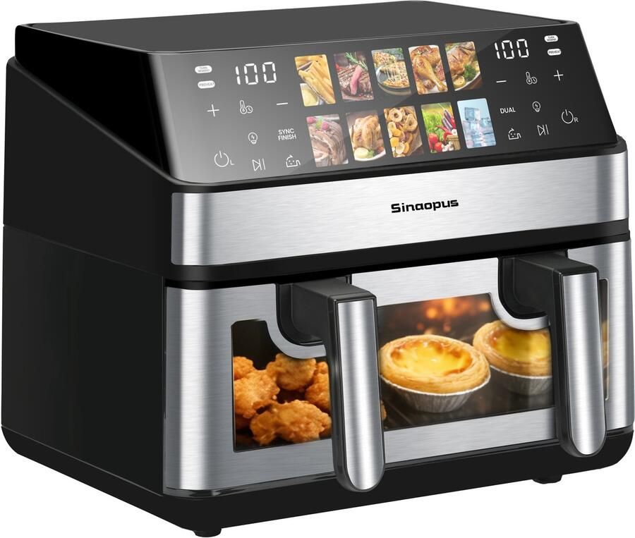 Sinaopus XXL Airfryer 8L – Met Dubbele Mand – 10 Kookprogramma s – Onafhankelijke Snelle Opwarming – Geschikt voor Gezinnen – Kijkvenster – Eenvoudig te Reinigen – Capaciteit voor 4 tot 5 Personen