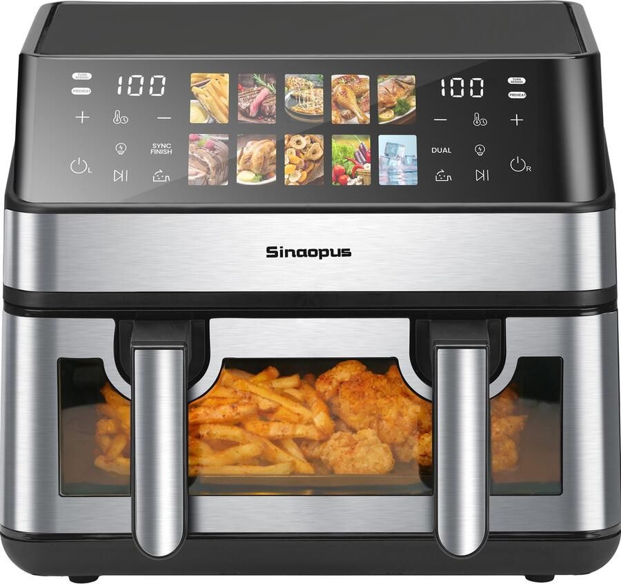 Sinaopus XXL Airfryer 9L – Met Dubbele Mand – 10 Kookprogramma s – Onafhankelijke Snelle Opwarming – Geschikt voor Gezinnen – Kijkvenster – Eenvoudig te Reinigen – Capaciteit voor 4 tot 5 Personen