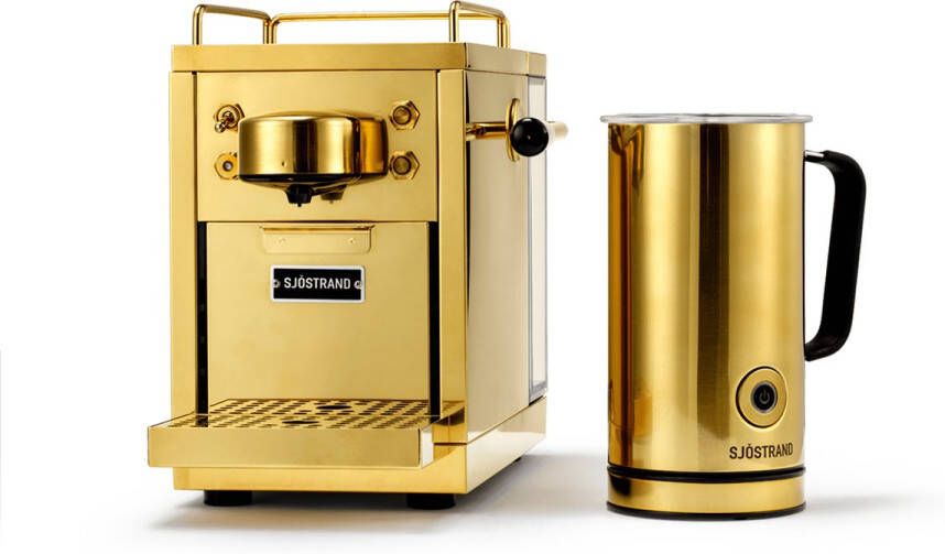Sjöstrand Espresso Capsule Machine The Original Brass + Melkopschuimer Goud Set