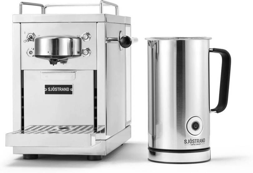 Sjöstrand Espresso Capsule Machine The Original Steel + Melkopschuimer Zilver Set