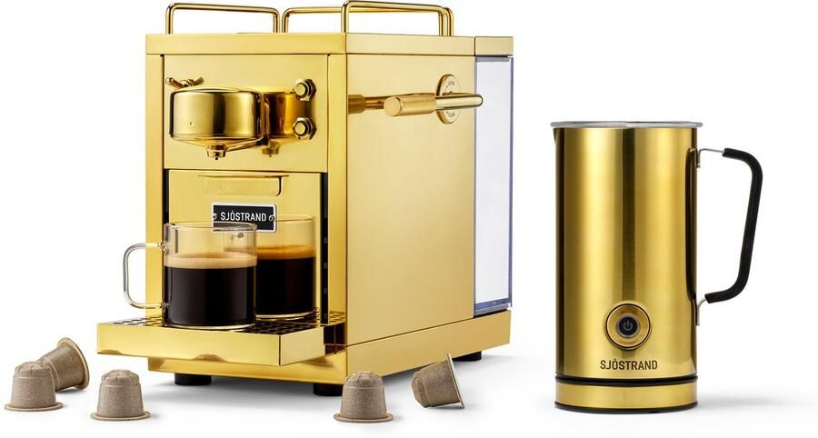 Sjöstrand Espresso Capsule Machine The Original 2.0 Brass + Melkopschuimer Goud- Set