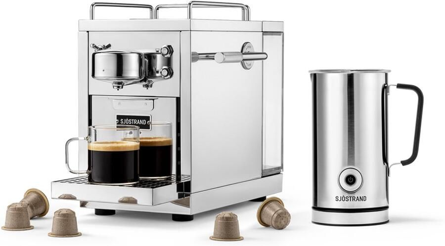 Sjöstrand Espresso Capsule Machine The Original 2.0 Steel + Melkopschuimer Zilver- Set