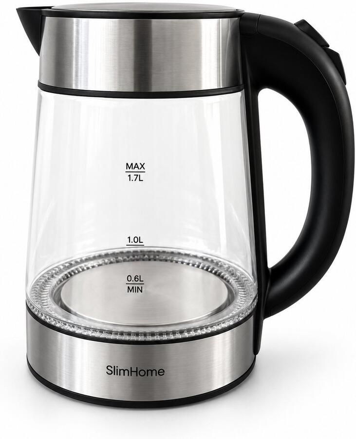 SlimHome SlimeHome Waterkoker Glas Elektrisch 1 7L PFAS- & BPA-vrij 2200W Retro met LED Glazen Waterkoker RVS
