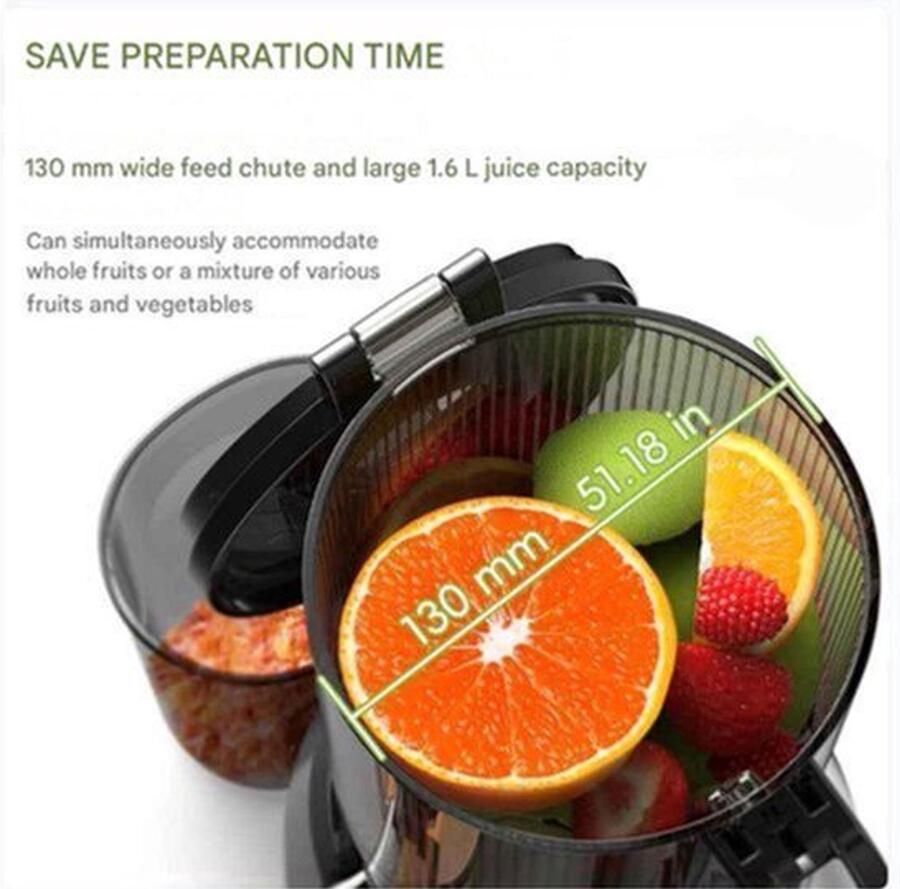 Slowjuicer Juicer Cold Press met 130mm Vulopening 1.8L 65 RPM BPA-vrij Hoge Sapopbrengst Geschikt voor Hele Groenten en Fruit Makkelijk Schoon te Maken
