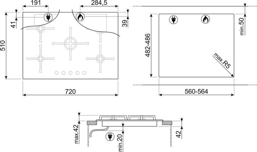 Smeg PV175B3 kookplaat Zwart Ingebouwd 70 cm Gaskookplaat 5 zone(s)