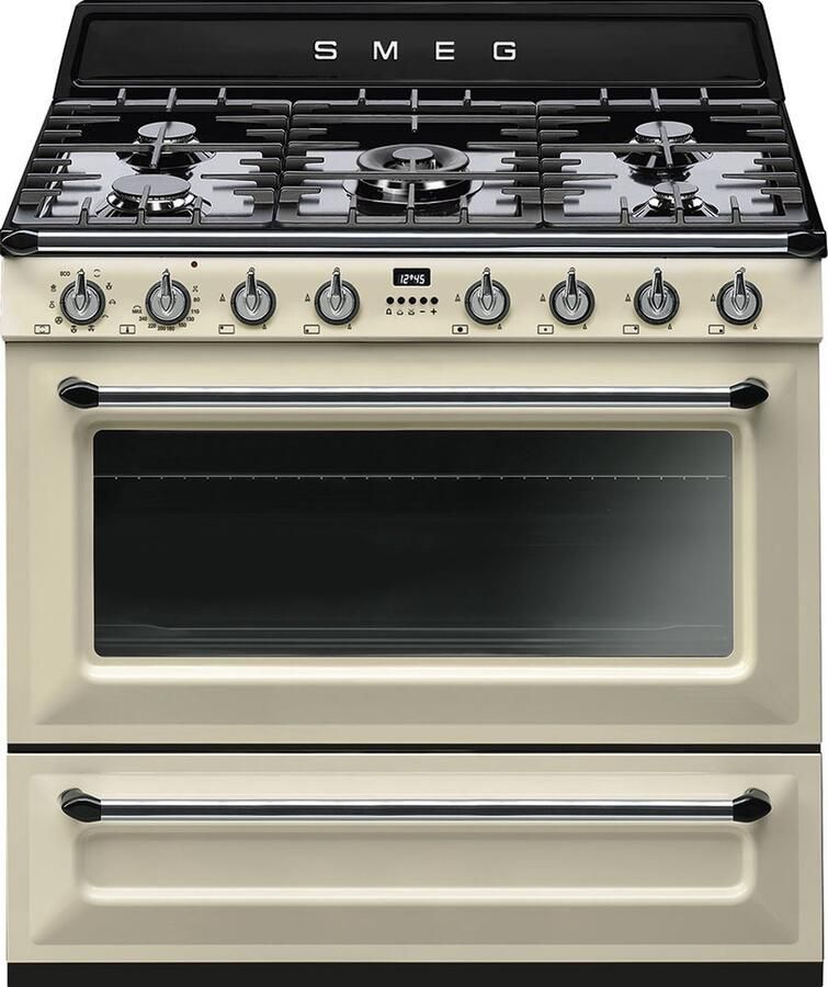 Smeg Victoria TR90PD9 Vrijstaand fornuis Crème Knoppen Draaiknop Chroom Glas Metaal Voorkant