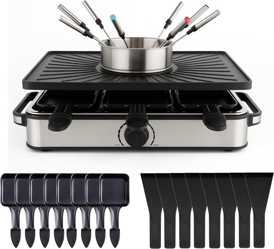 SNJY Gourmetstel Gourmetplaat Gourmet Elektrisch Met Fondueset 8 Personen 1400 W Zwart Zilver