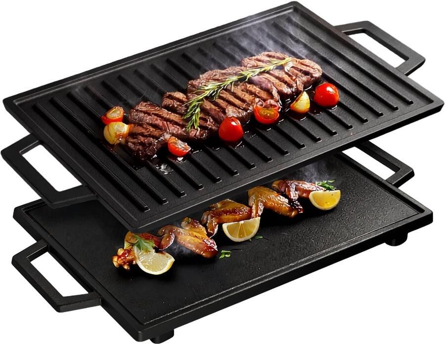 SNJY Grillplaat Inductie Bakplaat Inductie Grill Apparaat Gietijzeren Pan 2-in-1 33 x 23 cm Zwart