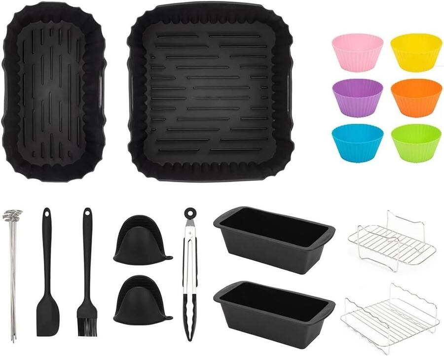 SNQ Bakvormen Siliconen Set van 16 stuks Airfryeraccessoires Voor efficiënte airfryers keukenapparatuur Zwart
