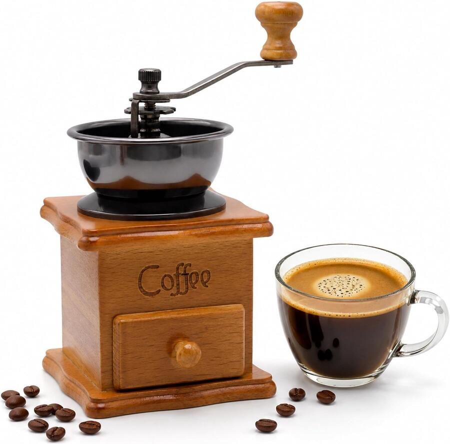 SNQ Vintage houten handmatige mini-koffiemolen 19 5 × 9 5 cm Draagbaar Gemakkelijk te gebruiken Geschikt voor thuis en op kantoor Maalt espresso en filterkoffie Lichtbruin